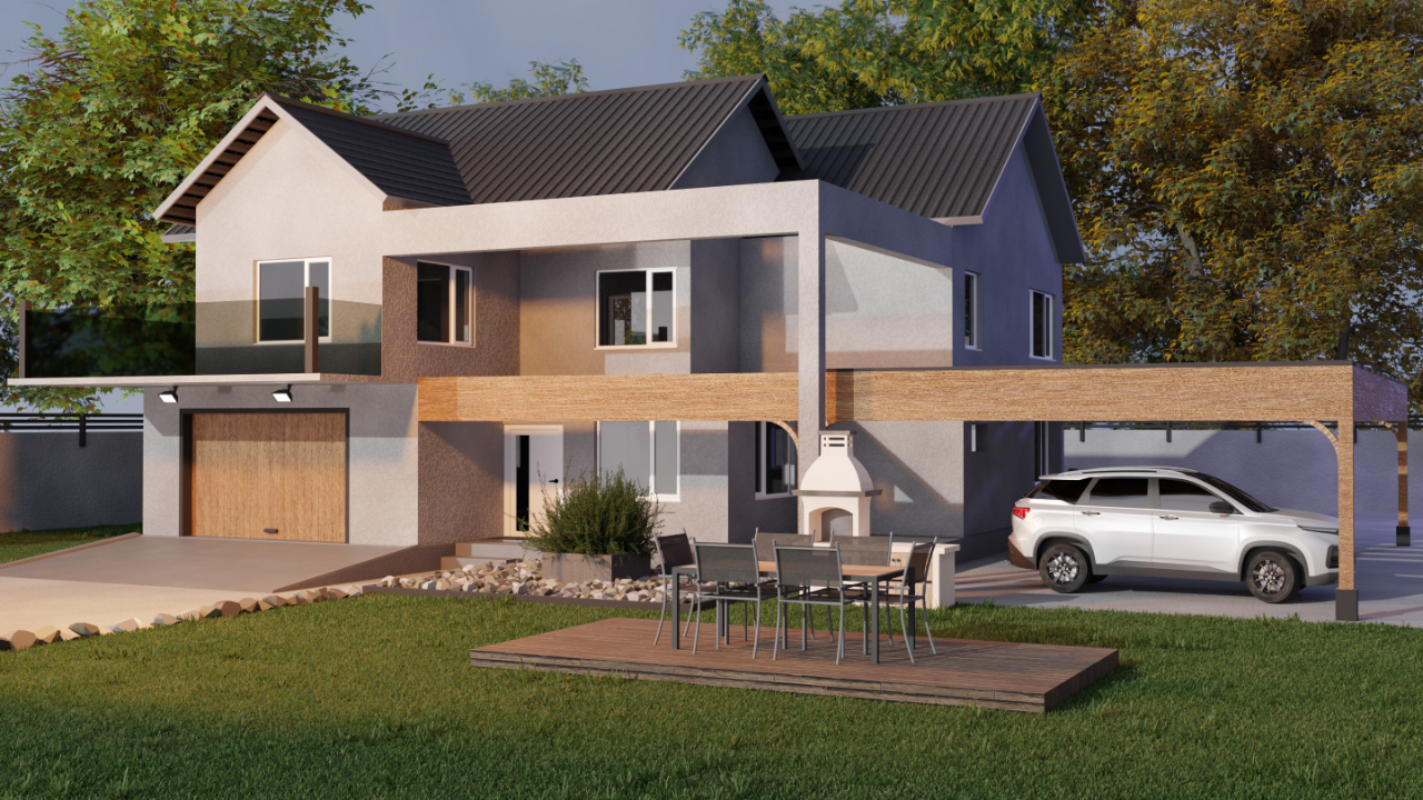  Rendu 3D d'une maison vue depuis le jardin avec
                soleil couchant, barbecue, terrasse